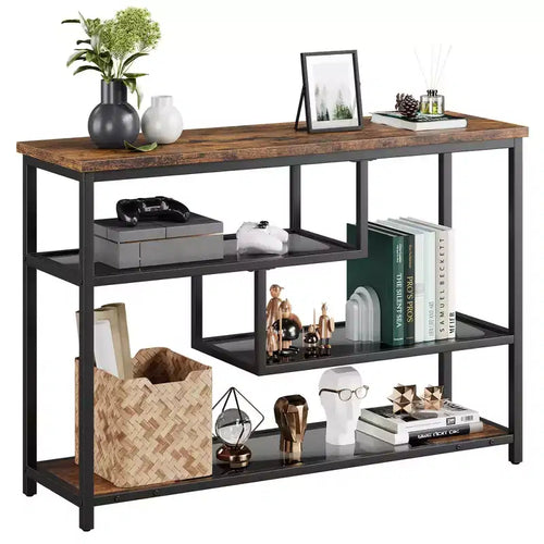 GustoWave Console Table, 4-Tier Sofa Tables Narrow Entryway Table with Tempered Glass Shelf, Industrial Hallway Table, 39.5'' W, Brown