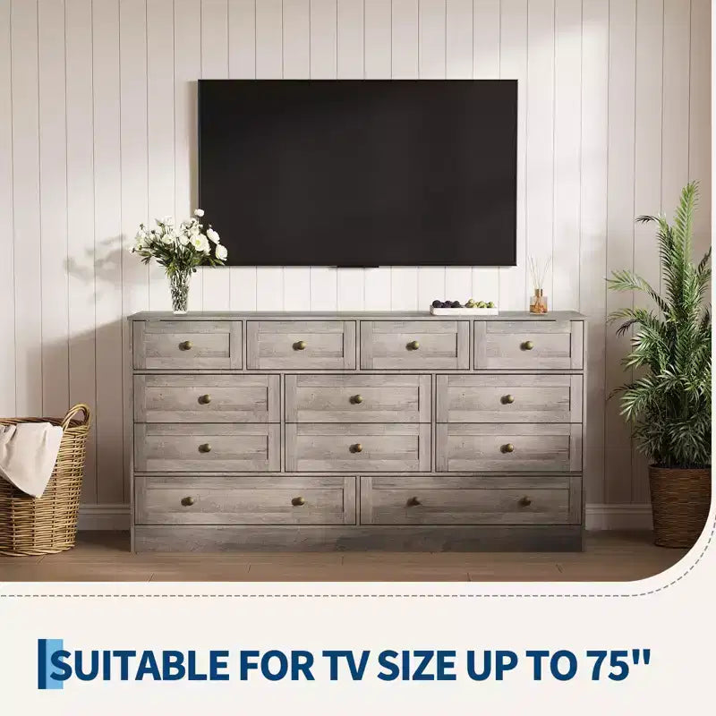 Cassettiera a 12 cassetti per camera da letto, cassettiera in legno da 61 pollici con maniglie in metallo, cassettiera porta TV per televisori fino a 65 pollici, organizer per vestiti