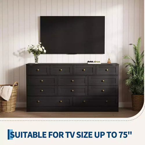 Cassettiera a 12 cassetti per camera da letto, cassettiera in legno da 61 pollici con maniglie in metallo, cassettiera porta TV per televisori fino a 65 pollici, organizer per vestiti