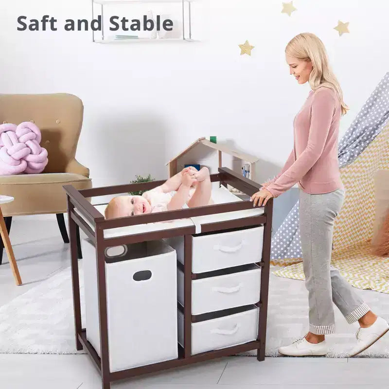Fasciatoio per Bambini, Fasciatoio per Neonati con Cesto Portabiancheria, Organizzatore Portaoggetti a 3 Cassetti