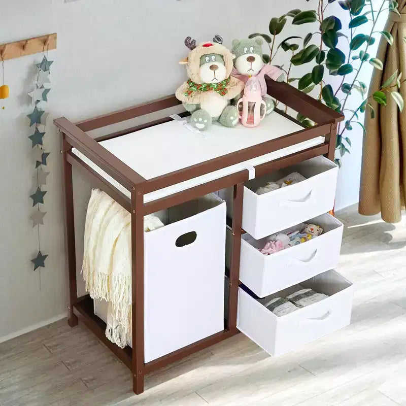 Fasciatoio per Bambini, Fasciatoio per Neonati con Cesto Portabiancheria, Organizzatore Portaoggetti a 3 Cassetti