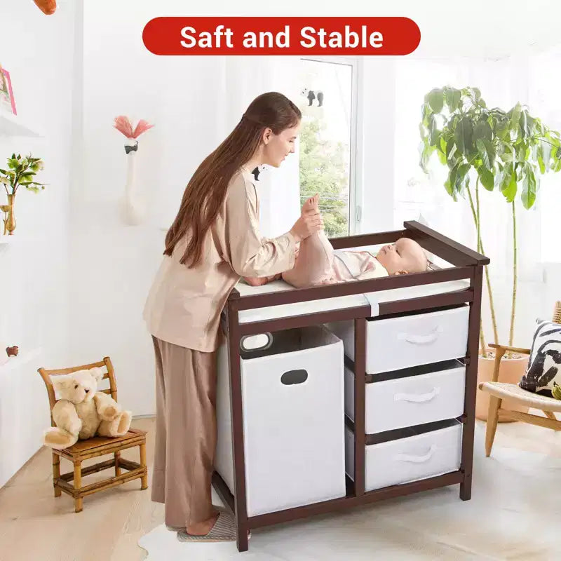 Fasciatoio per Bambini, Fasciatoio per Neonati con Cesto Portabiancheria, Organizzatore Portaoggetti a 3 Cassetti