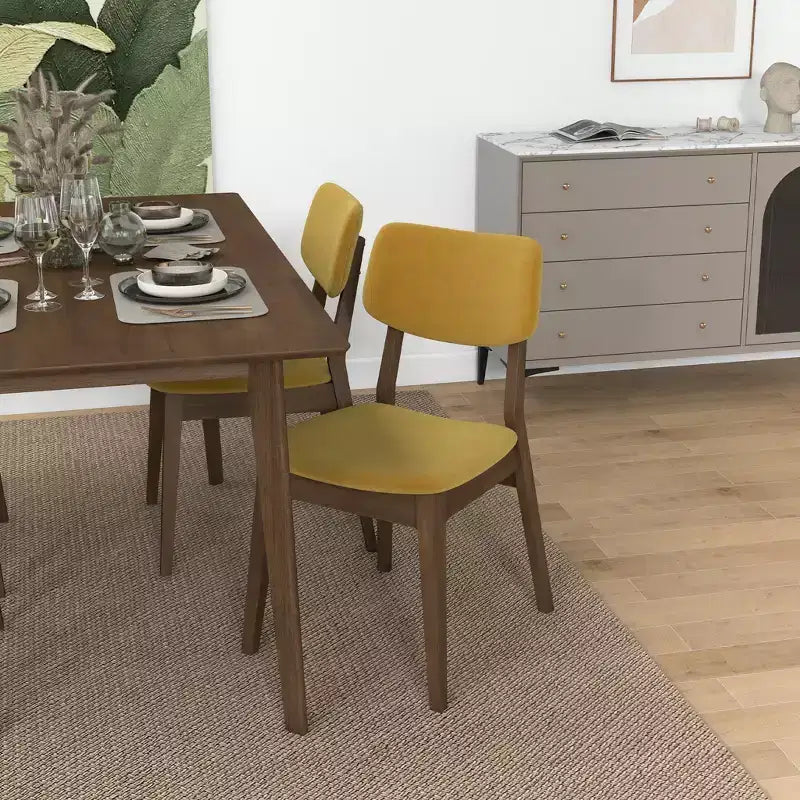 Set di 2 sedie da pranzo in velluto giallo scuro con gambe in legno massello, seduta e schienale imbottiti, sedie laterali senza braccioli per cucina, sala da pranzo o soggiorno