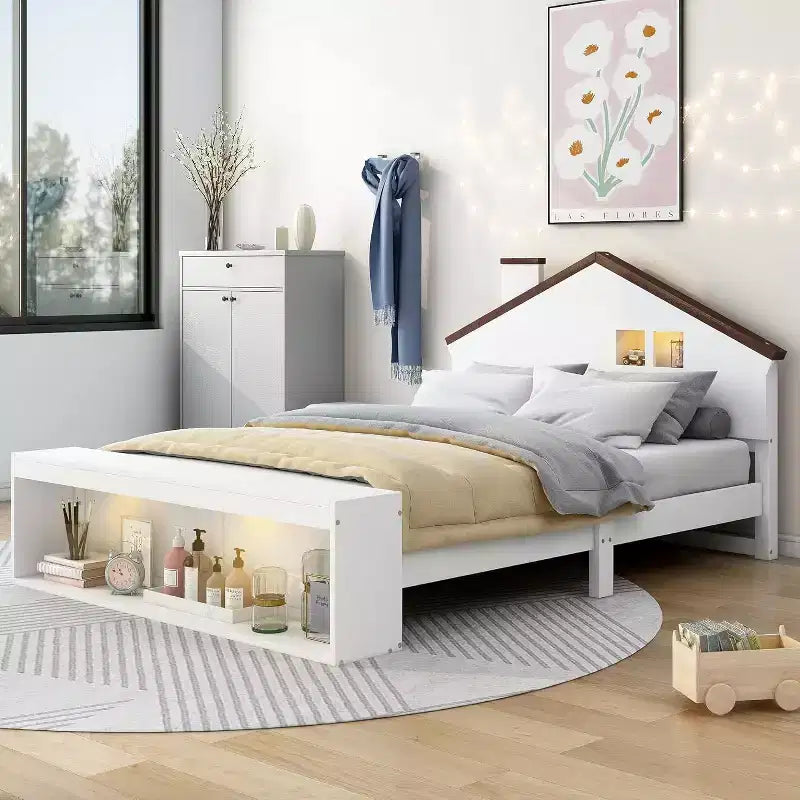 Acekool Full Bed Frame with Storage Drawers & LED Light, Wooden Platform Bed, Modern White, for Kids & Teens Bedroom