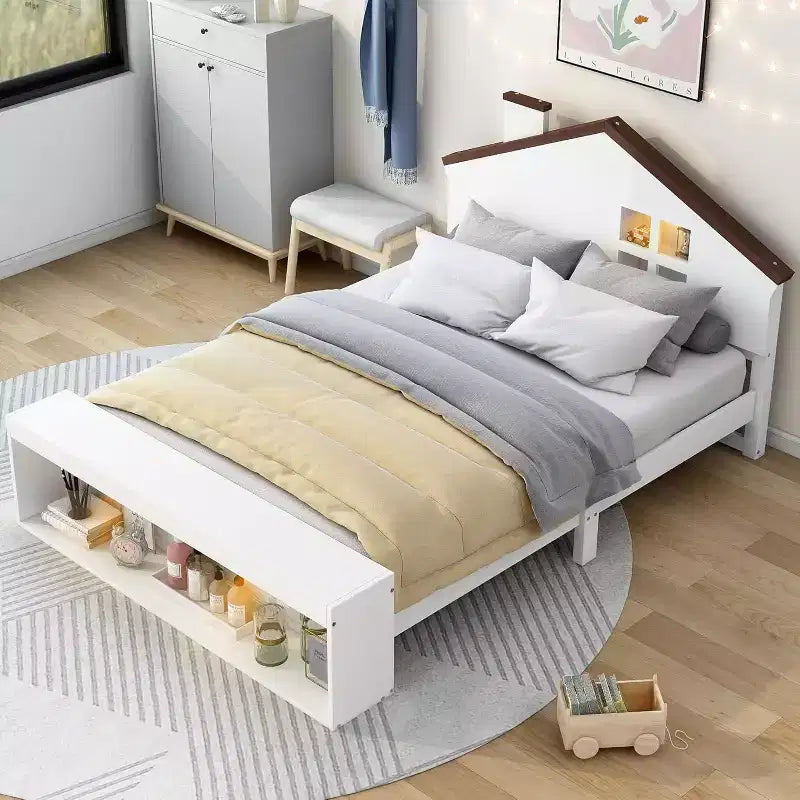 Telaio letto matrimoniale con cassetti contenitore e luce LED, piattaforma in legno, bianco moderno