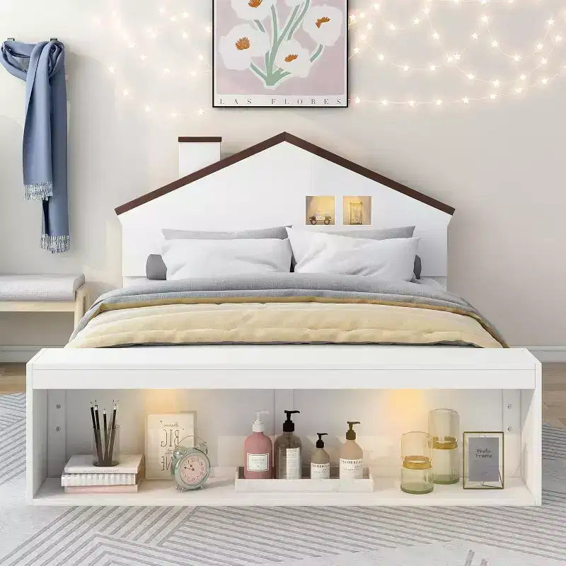 Telaio letto matrimoniale con cassetti contenitore e luce LED, piattaforma in legno, bianco moderno