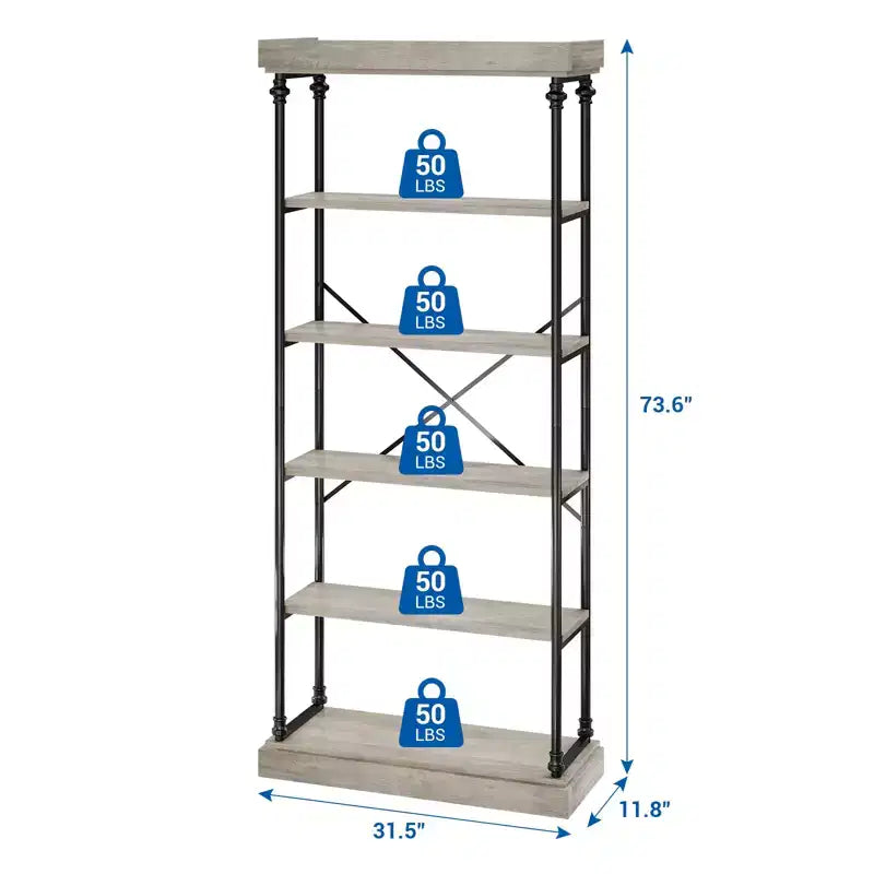 Libreria a 5 Ripiani, Scaffale con Struttura in Metallo, Libreria Autoportante, Scaffale Aperto per Camera da Letto, Soggiorno, Ufficio