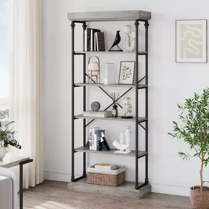 Libreria a 5 Ripiani, Scaffale con Struttura in Metallo, Libreria Autoportante, Scaffale Aperto per Camera da Letto, Soggiorno, Ufficio