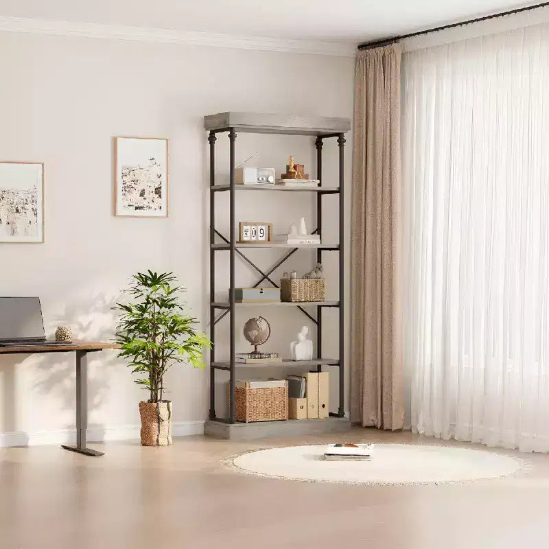 Libreria a 5 Ripiani, Scaffale con Struttura in Metallo, Libreria Autoportante, Scaffale Aperto per Camera da Letto, Soggiorno, Ufficio