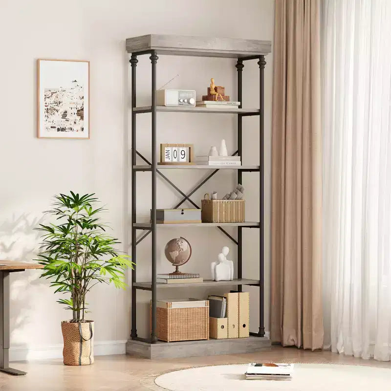 Libreria a 5 Ripiani, Scaffale con Struttura in Metallo, Libreria Autoportante, Scaffale Aperto per Camera da Letto, Soggiorno, Ufficio