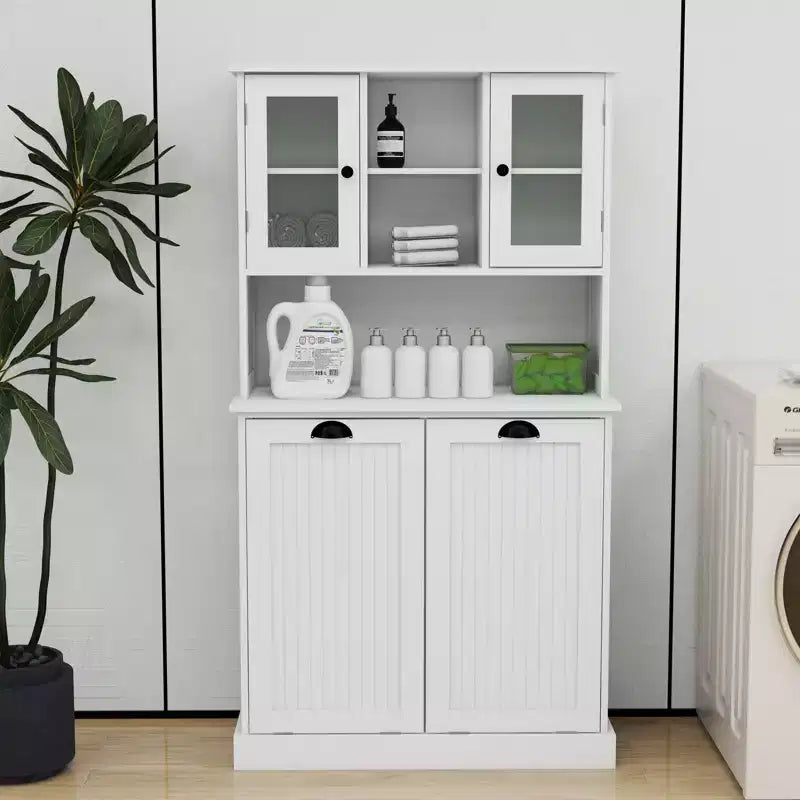 Okak Tall Cabinet Storage Cabinet with Tilt-Out Dirty Laundry Basket, Storage Cabinet with 2 Adjustable Shelves and Doors for Living Room