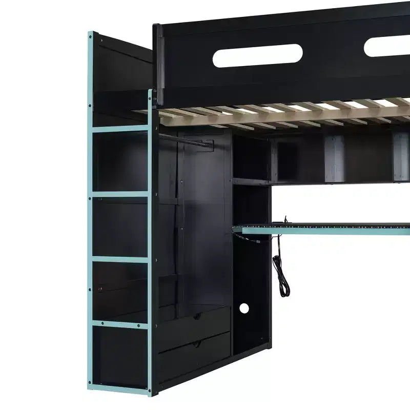 Letto a soppalco da gioco in legno a grandezza naturale con scrivania e armadio, porta USB e luce LED per cameretta di bambini, ragazzi e adulti