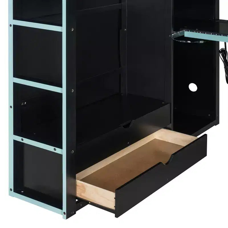 Letto a soppalco da gioco in legno a grandezza naturale con scrivania e armadio, porta USB e luce LED per cameretta di bambini, ragazzi e adulti