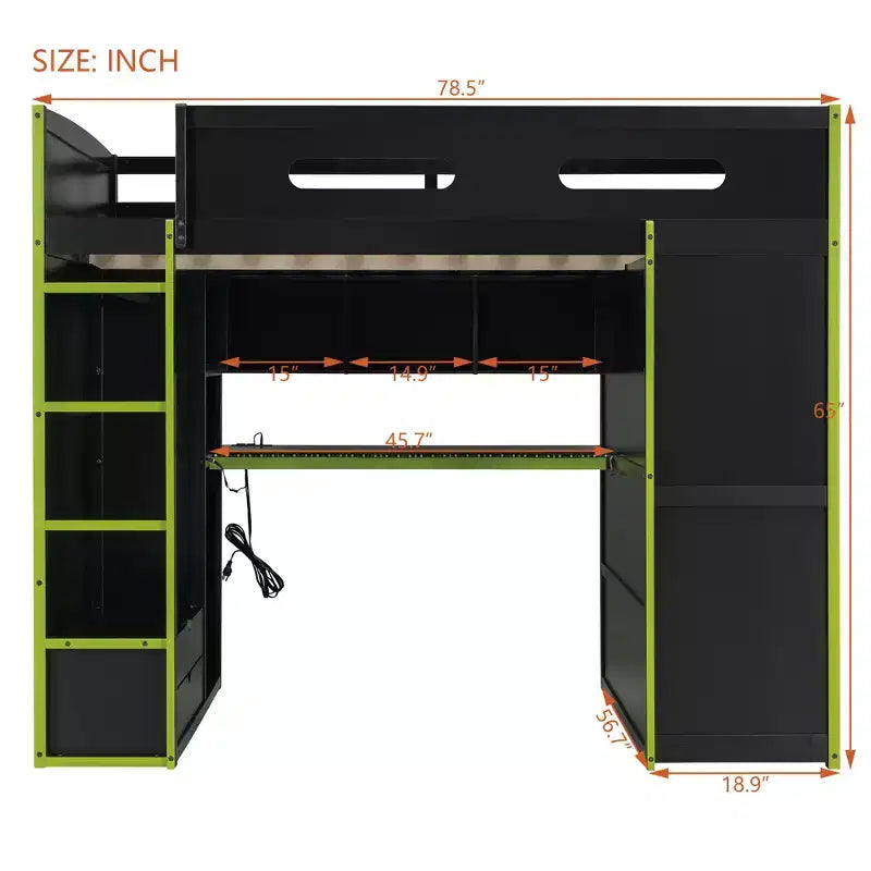 Letto a soppalco da gioco in legno a grandezza naturale con scrivania e armadio, porta USB e luce LED per cameretta di bambini, ragazzi e adulti