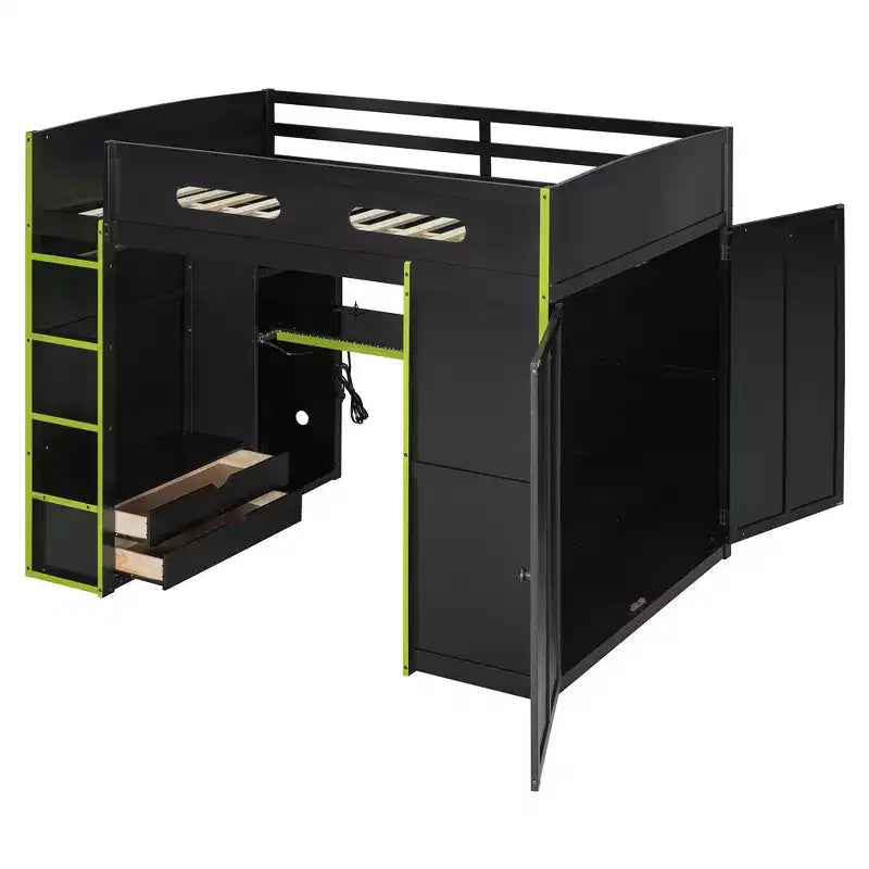Letto a soppalco da gioco in legno a grandezza naturale con scrivania e armadio, porta USB e luce LED per cameretta di bambini, ragazzi e adulti