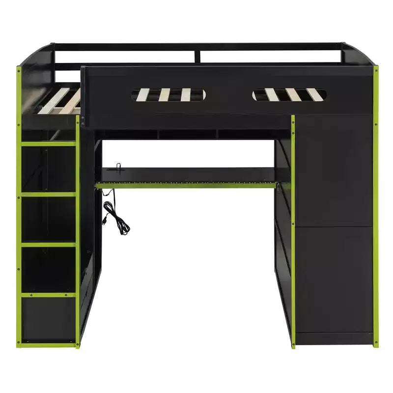 Letto a soppalco da gioco in legno a grandezza naturale con scrivania e armadio, porta USB e luce LED per cameretta di bambini, ragazzi e adulti