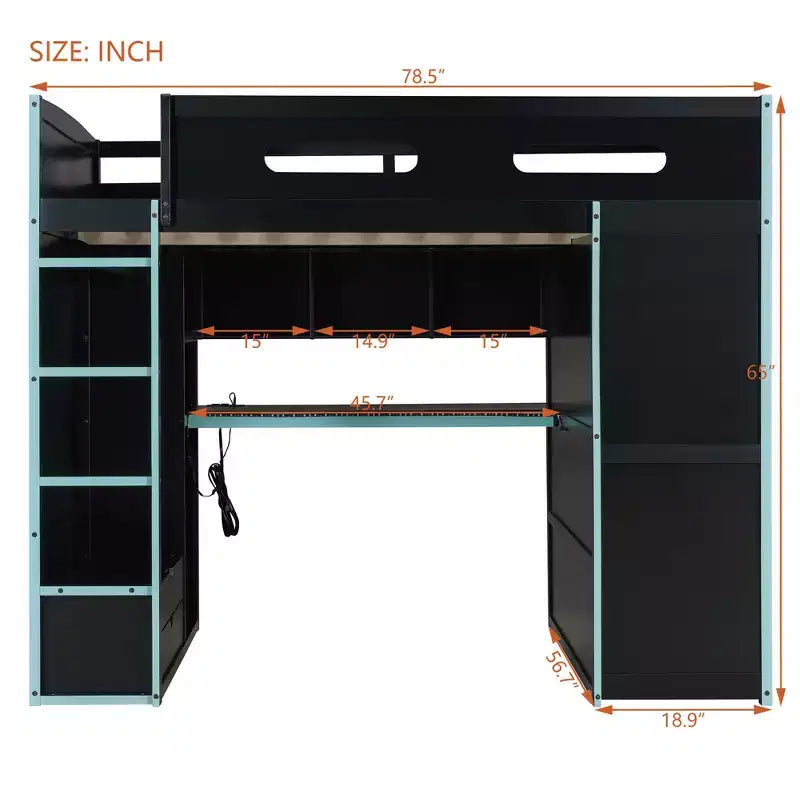 Letto a soppalco da gioco in legno a grandezza naturale con scrivania e armadio, porta USB e luce LED per cameretta di bambini, ragazzi e adulti