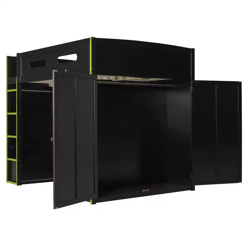 Letto a soppalco da gioco in legno a grandezza naturale con scrivania e armadio, porta USB e luce LED per cameretta di bambini, ragazzi e adulti