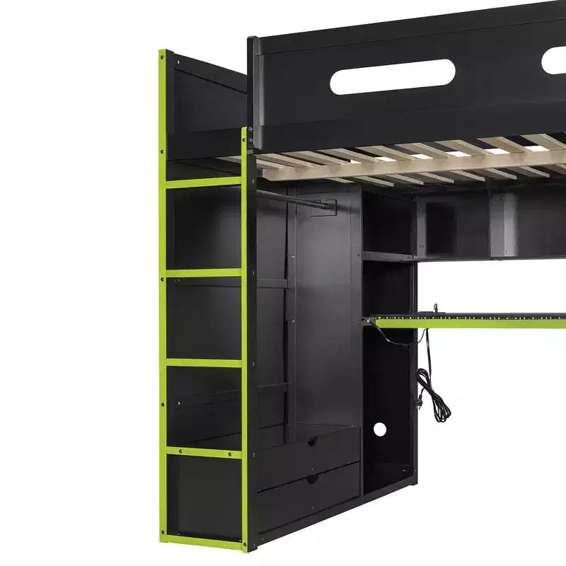Letto a soppalco da gioco in legno a grandezza naturale con scrivania e armadio, porta USB e luce LED per cameretta di bambini, ragazzi e adulti