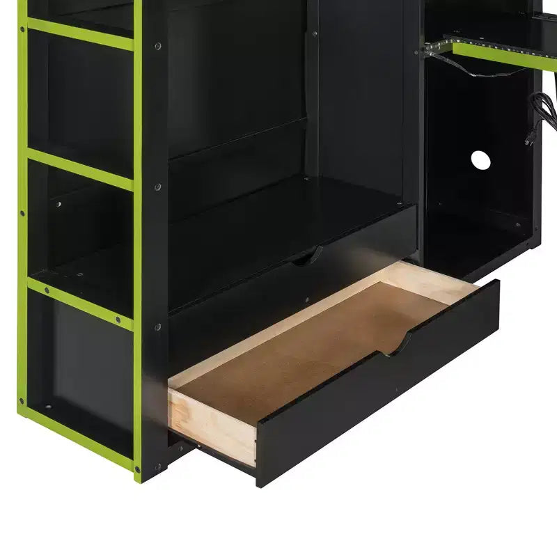 Letto a soppalco da gioco in legno a grandezza naturale con scrivania e armadio, porta USB e luce LED per cameretta di bambini, ragazzi e adulti
