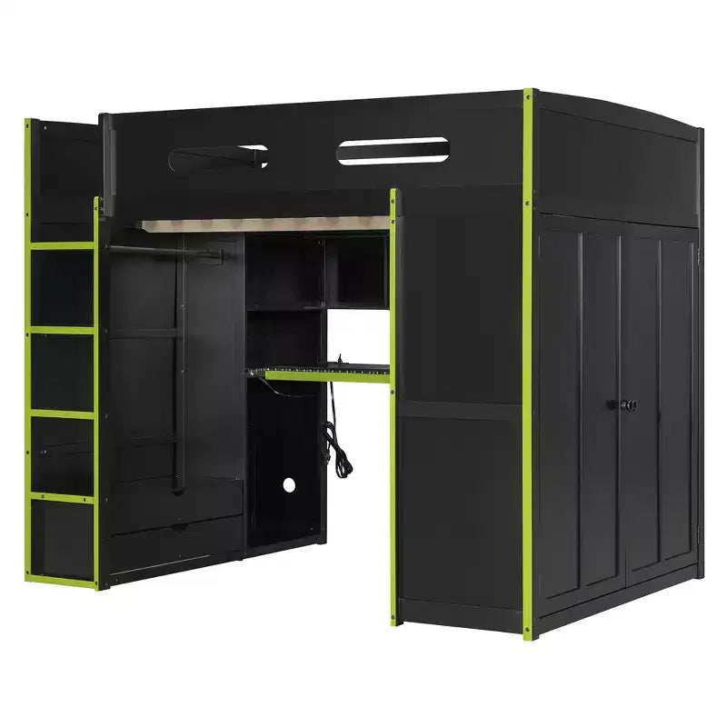 Letto a soppalco da gioco in legno a grandezza naturale con scrivania e armadio, porta USB e luce LED per cameretta di bambini, ragazzi e adulti