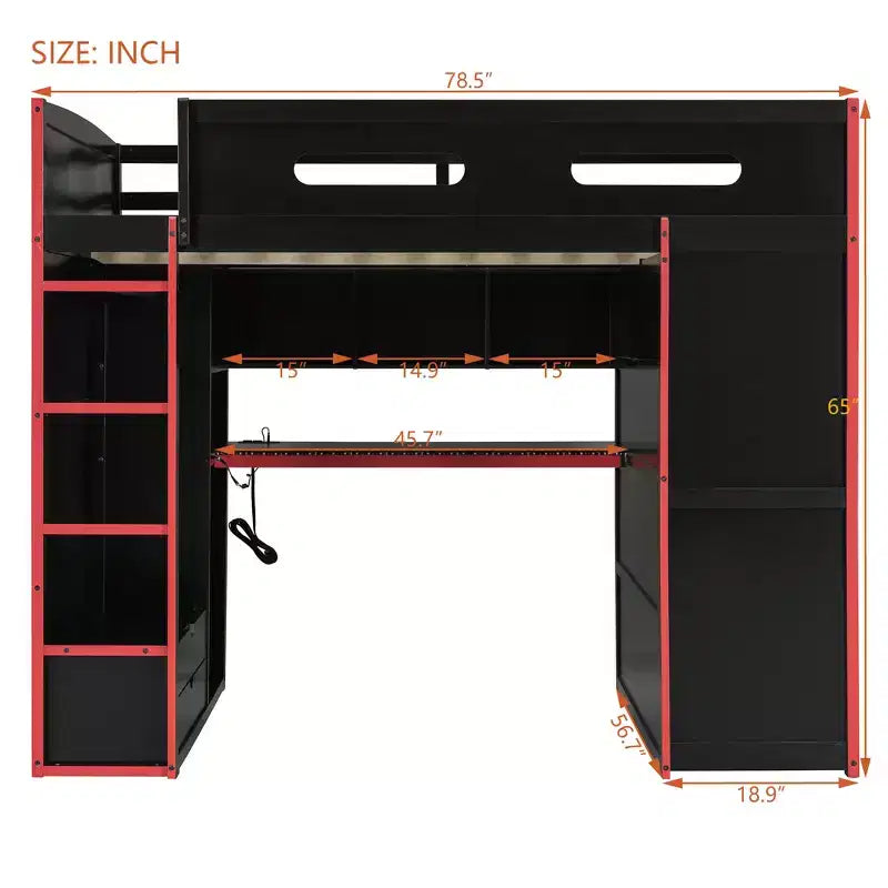 Letto a soppalco da gioco in legno a grandezza naturale con scrivania e armadio, porta USB e luce LED per cameretta di bambini, ragazzi e adulti