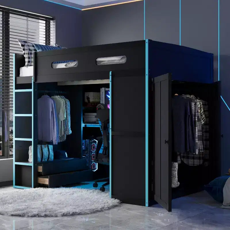 Letto a soppalco da gioco in legno a grandezza naturale con scrivania e armadio, porta USB e luce LED per cameretta di bambini, ragazzi e adulti