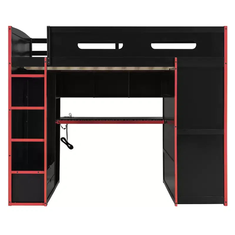 Letto a soppalco da gioco in legno a grandezza naturale con scrivania e armadio, porta USB e luce LED per cameretta di bambini, ragazzi e adulti