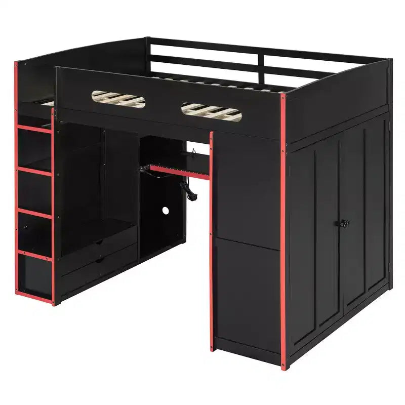 Letto a soppalco da gioco in legno a grandezza naturale con scrivania e armadio, porta USB e luce LED per cameretta di bambini, ragazzi e adulti