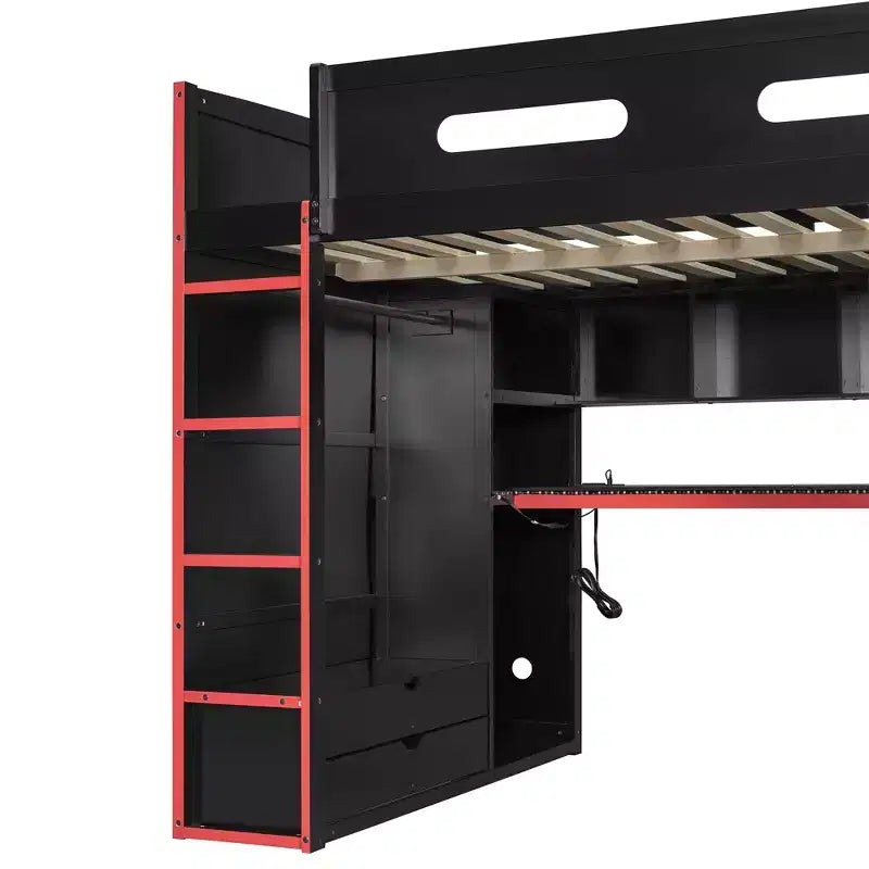 Letto a soppalco da gioco in legno a grandezza naturale con scrivania e armadio, porta USB e luce LED per cameretta di bambini, ragazzi e adulti