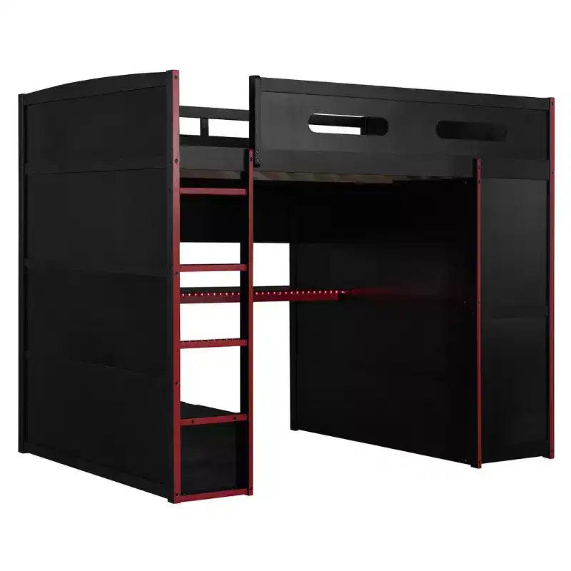 Letto a soppalco da gioco in legno a grandezza naturale con scrivania e armadio, porta USB e luce LED per cameretta di bambini, ragazzi e adulti