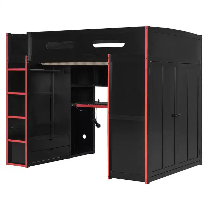 Letto a soppalco da gioco in legno a grandezza naturale con scrivania e armadio, porta USB e luce LED per cameretta di bambini, ragazzi e adulti