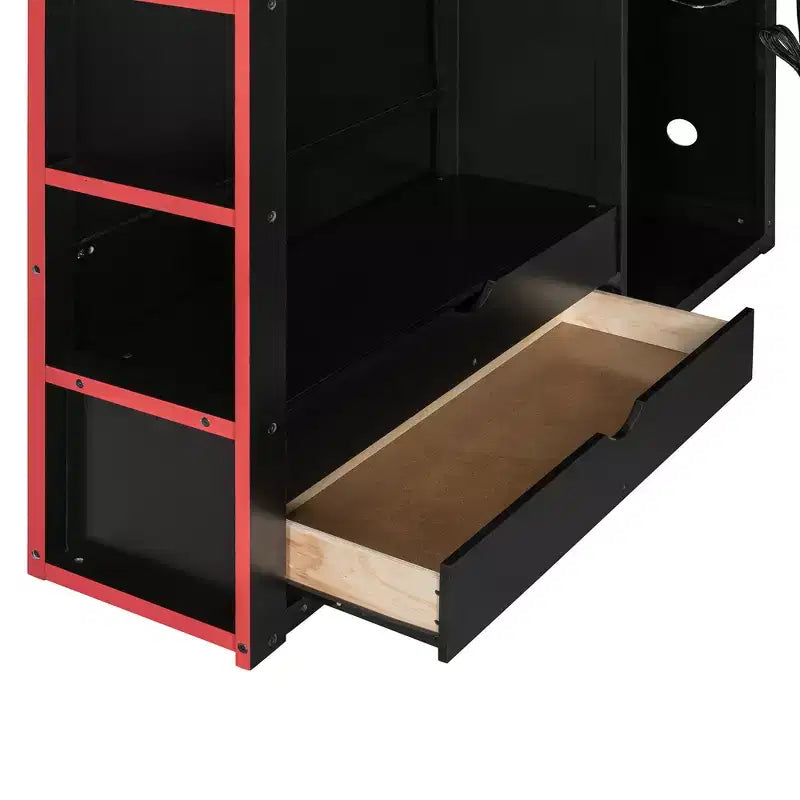 Letto a soppalco da gioco in legno a grandezza naturale con scrivania e armadio, porta USB e luce LED per cameretta di bambini, ragazzi e adulti