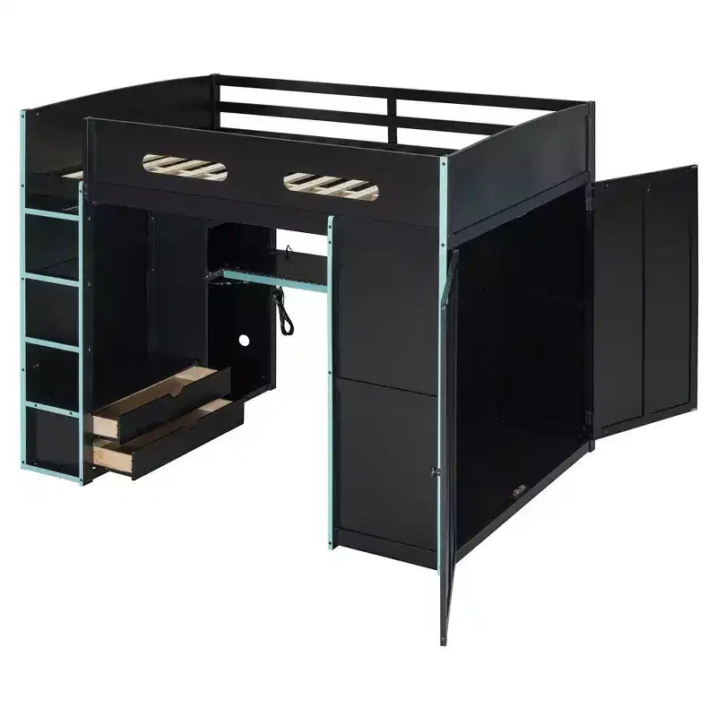 Letto a soppalco da gioco in legno a grandezza naturale con scrivania e armadio, porta USB e luce LED per cameretta di bambini, ragazzi e adulti