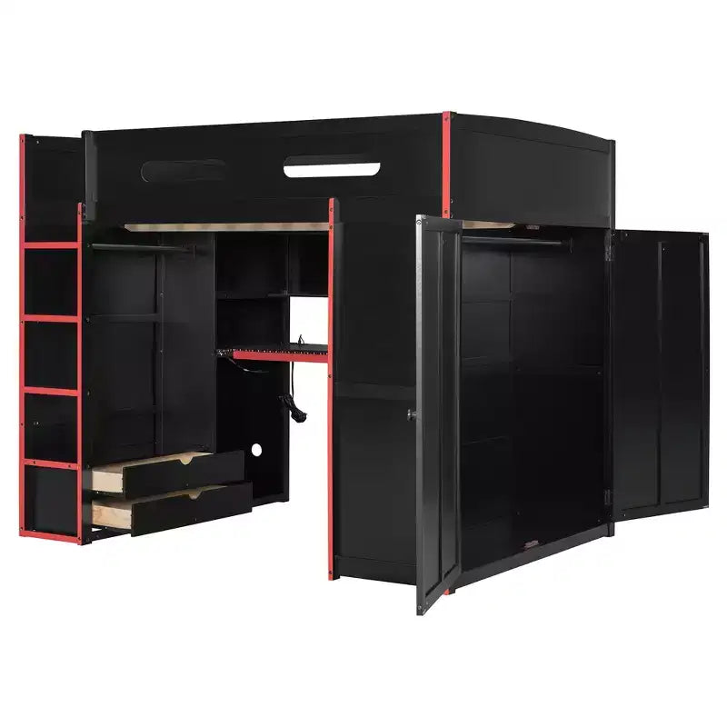 Letto a soppalco da gioco in legno a grandezza naturale con scrivania e armadio, porta USB e luce LED per cameretta di bambini, ragazzi e adulti