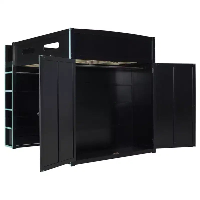 Letto a soppalco da gioco in legno a grandezza naturale con scrivania e armadio, porta USB e luce LED per cameretta di bambini, ragazzi e adulti