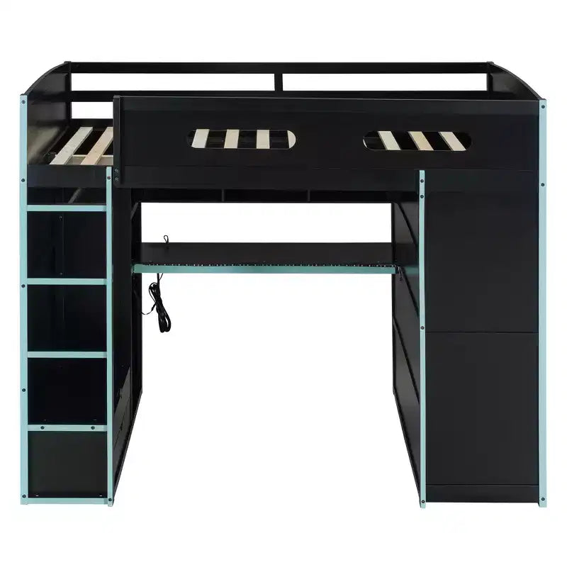 Letto a soppalco da gioco in legno a grandezza naturale con scrivania e armadio, porta USB e luce LED per cameretta di bambini, ragazzi e adulti