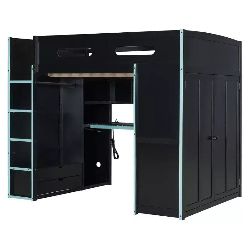 Letto a soppalco da gioco in legno a grandezza naturale con scrivania e armadio, porta USB e luce LED per cameretta di bambini, ragazzi e adulti