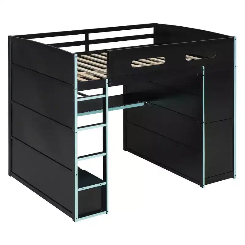 Letto a soppalco da gioco in legno a grandezza naturale con scrivania e armadio, porta USB e luce LED per cameretta di bambini, ragazzi e adulti