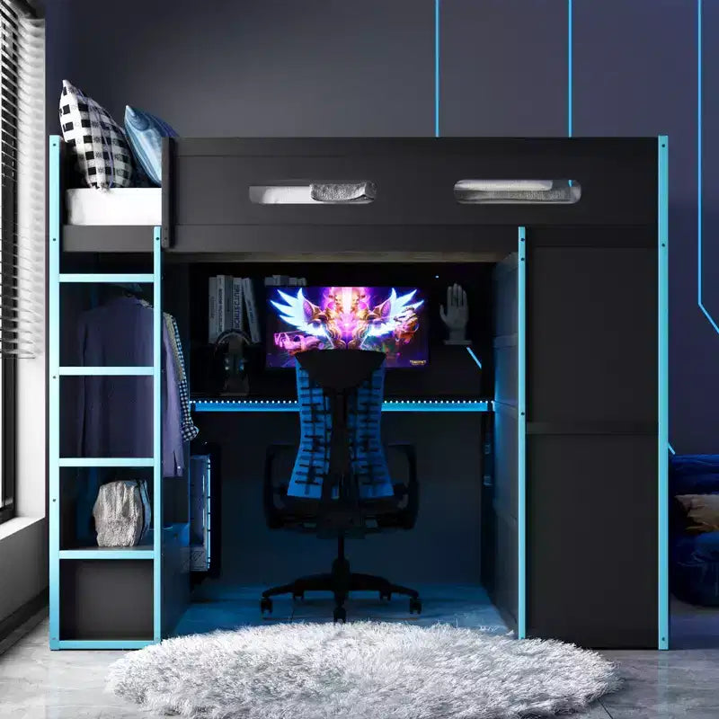 Full Size Wood Gaming Loft Bed with Desk and Wardrobe, USB Port and LED Light for Kids Teens Adults Bedroom