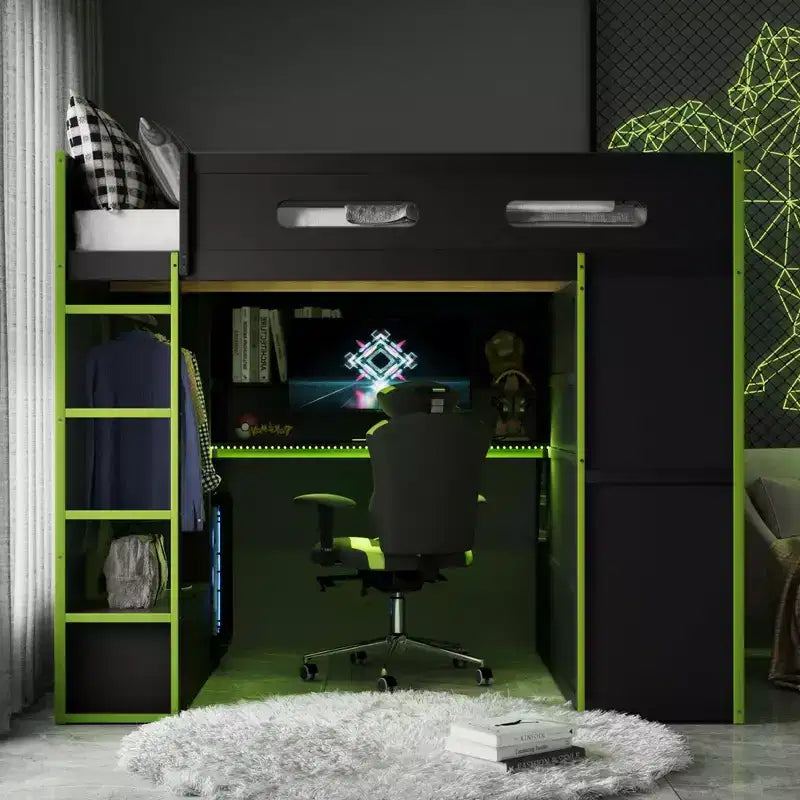 Letto a soppalco da gioco in legno a grandezza naturale con scrivania e armadio, porta USB e luce LED per cameretta di bambini, ragazzi e adulti