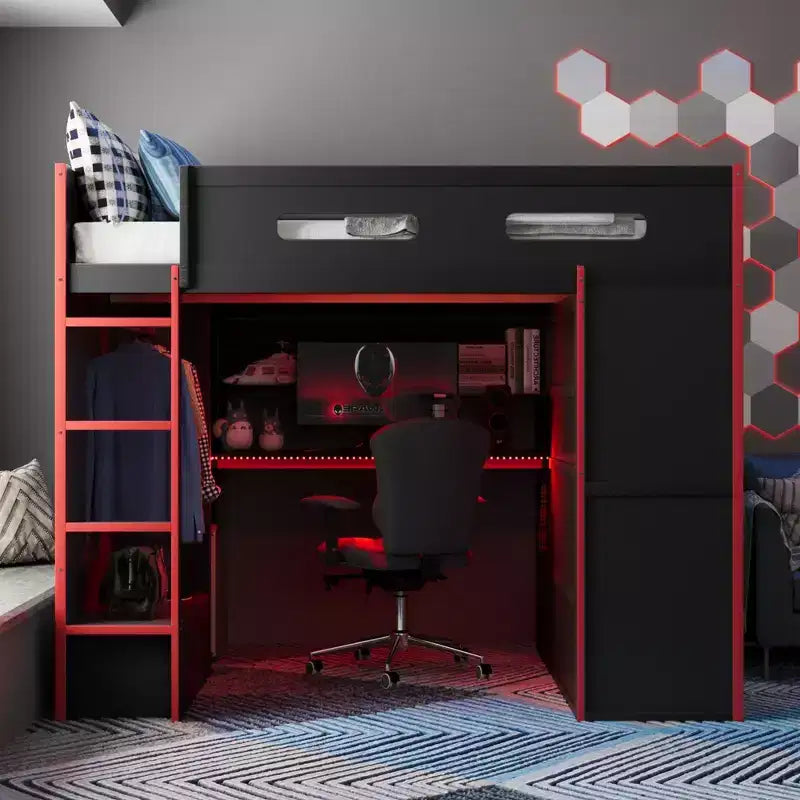 Letto a soppalco da gioco in legno a grandezza naturale con scrivania e armadio, porta USB e luce LED per cameretta di bambini, ragazzi e adulti