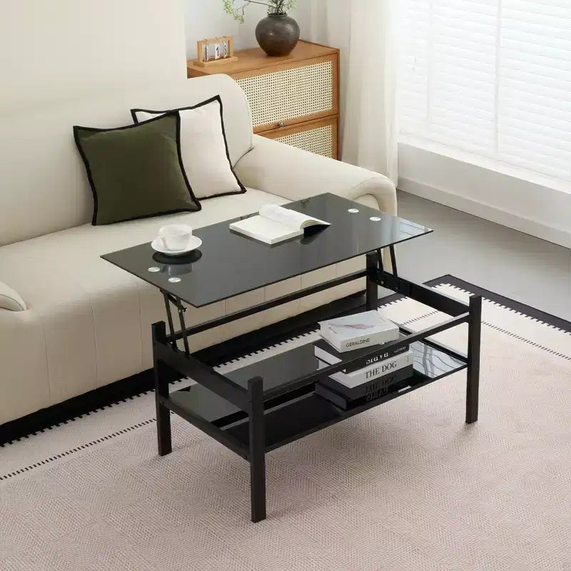 Glass Lift Top Coffee Table with 2-Layer Tempered Glass and Metal Frame, Modern Living Room Table