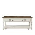 Luxystar Farmhouse Coffee Table with One Drawer, Lockable Wheels and Solid Wood Legs for Living Room, Grey+White