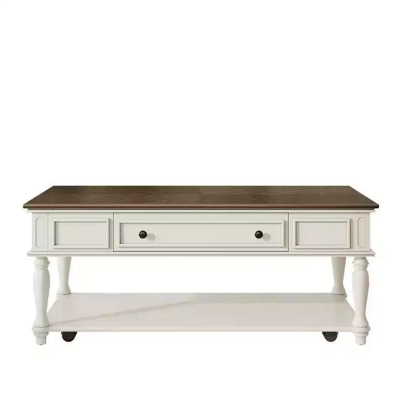 Luxystar Farmhouse Coffee Table with One Drawer, Lockable Wheels and Solid Wood Legs for Living Room, Grey+White