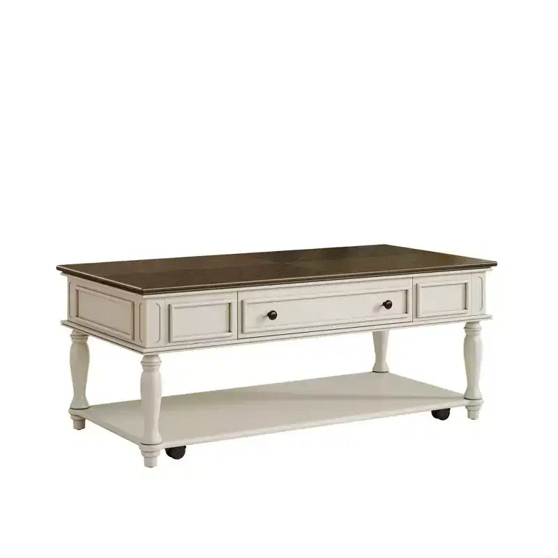 Tavolino da Salotto Rustico con Cassetto, Ruote Bloccabili e Gambe in Legno Massello, Grigio+Bianco