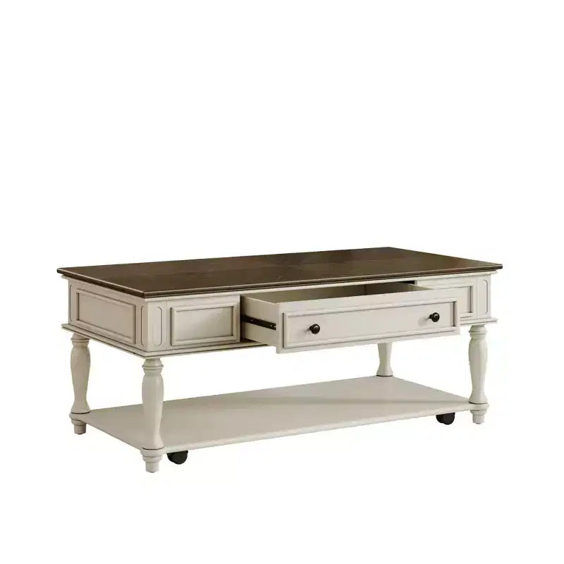 Tavolino da Salotto Rustico con Cassetto, Ruote Bloccabili e Gambe in Legno Massello, Grigio+Bianco