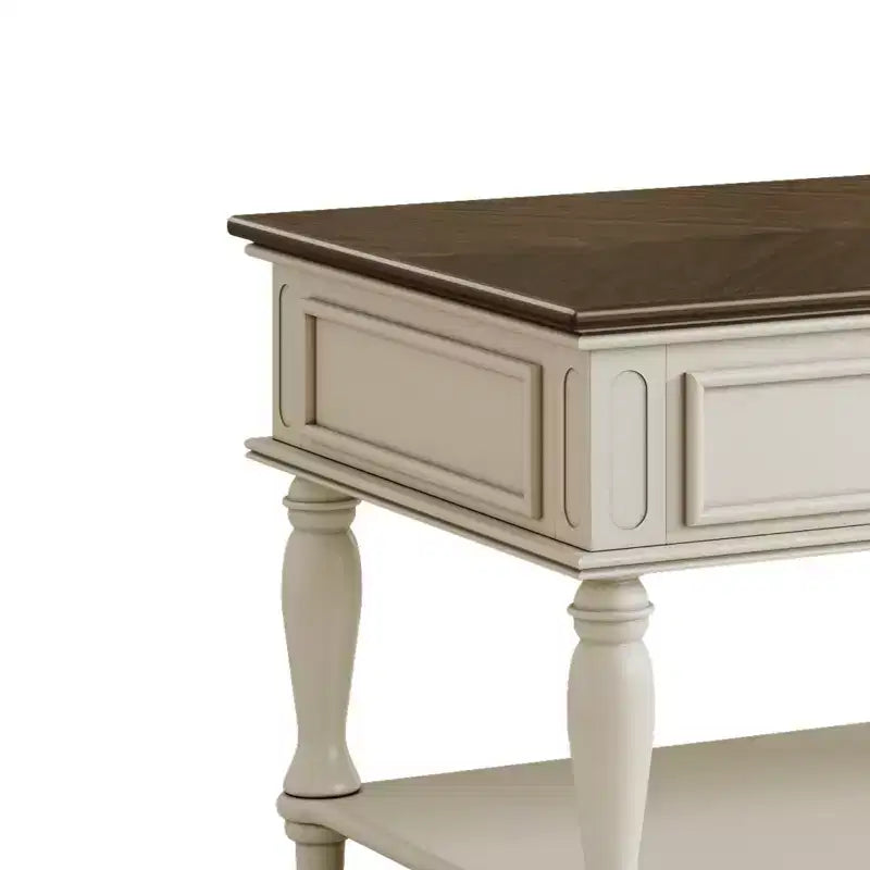 Tavolino da Salotto Rustico con Cassetto, Ruote Bloccabili e Gambe in Legno Massello, Grigio+Bianco