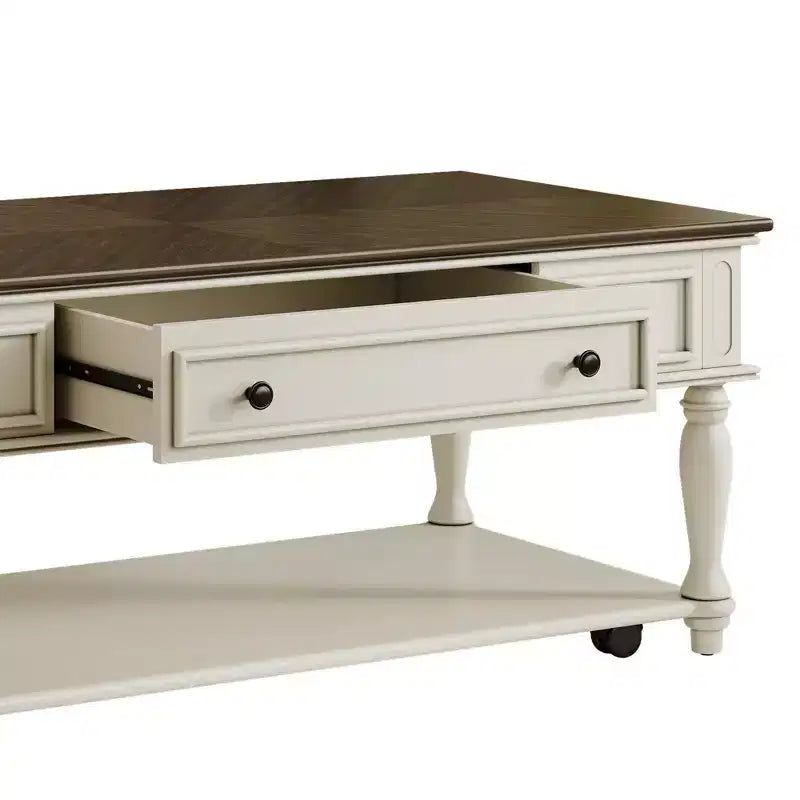 Tavolino da Salotto Rustico con Cassetto, Ruote Bloccabili e Gambe in Legno Massello, Grigio+Bianco