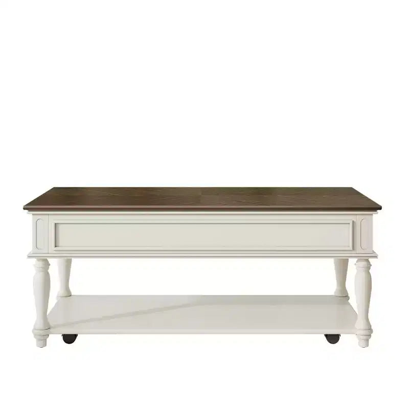 Tavolino da Salotto Rustico con Cassetto, Ruote Bloccabili e Gambe in Legno Massello, Grigio+Bianco
